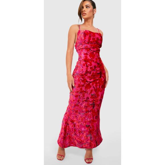 Boohoo Pink Devore‎ Velvet Floral Cowl Neck Maxi Dress Size 4 Y2K Wedding EUC - Picture 1 of 16
